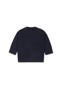 Pull pour enfants bleu marine en tissu tricoté, avec des manches longues, des poignets et un ourlet côtelés, et un col rond.
