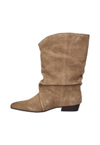 Bottes en daim marron, mi-mollet, au design décontracté, à bout pointu, avec un petit talon empilé, texture douce, côtés sans couture, adaptées à des styles variés.