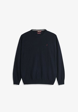 Maglione in maglia blu navy con scollo rotondo e maniche lunghe. Presenta un logo sottile sul petto e polsini e orlo a costine.