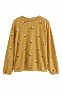 Long-sleeve sweatshirt in mustard yellow, featuring a repeated fox pattern. Fabric is soft with elastic cuffs and hem.