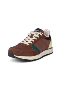Brown suede and mesh sneaker with green and yellow accents, cream laces, and textured heel. Features a black logo and contrast rubber sole.
