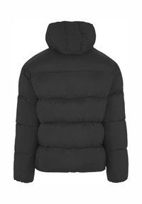 Svart dunjakke med hette, preget av et quiltet design, tykk polstring og elastiske mansjetter. Jevn, matt tekstur på stoffet. Bakfra sett.