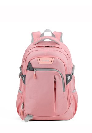 Roze stoffen rugzak met meerdere compartimenten, grijze accenten, een voorzak met rits en gewatteerde schouderbanden voor comfort.