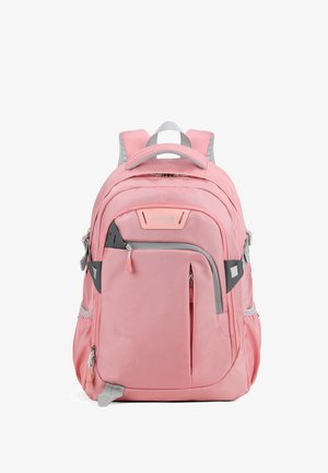 Zaino in tessuto rosa con multiple tasche, accenti grigi, tasca frontale con zip e spallacci imbottiti per il massimo comfort.
