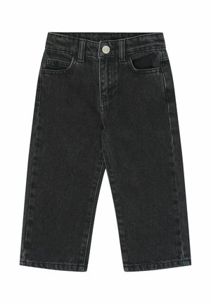 Pantalon en denim noir pour enfants avec bouton devant, passants de ceinture et design à cinq poches, présenté à plat sur fond blanc.