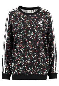 Sudadera negra con estampado floral de flores multicolor, detalles de tres rayas blancas en las mangas y cuello acanalado.