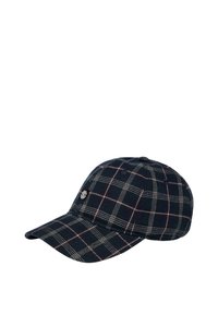 Navy plaid cap made of fabric, featuring a curved brim, adjustable back, and a logo patch on the front left side.
