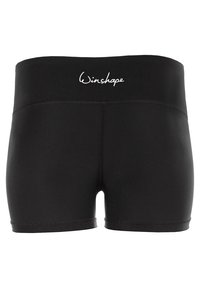 Zwarte aansluitende shorts van gladde stof. Voorzien van een brede, elastische tailleband met het "Winshape" logo geborduurd in het wit.
