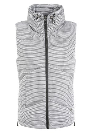 Polstret ærmeløs vest i sort og hvid houndstooth-mønster, med høj krave, en frontlynlås og to sidelommer.