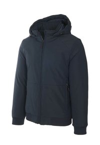 Giacca imbottita blu navy con cappuccio, cerniera frontale, tasche laterali con zip e polsini e orlo a coste.