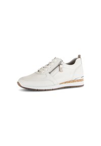 White leather sneaker with lace-up design, side zipper, and cork accent on the heel. Features a textured outsole for grip.