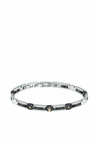 Srebrn kovinski zapestnica s črnimi akcenti, ki vsebuje pravokotne povezave in majhen zlati emblem. Gladka tekstura z visokim sijajem.