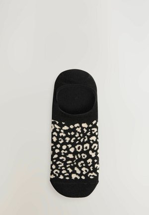 Mustad sokk täpse valge leopardimustriga, madala lõike ja pehme tekstuuriga, ideaalne vabaajaks.