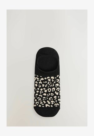 Czarna skarpetka z precyzyjnym, białym wzorem w panterkę, o niskim kroju i miękkiej fakturze, idealna do codziennego noszenia.