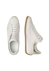 White leather sneakers with textured accents, featuring gold hardware, a rubber sole, and perforated detailing on the sides.