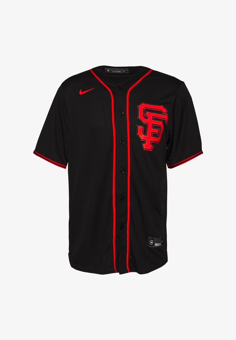 Maillot de baseball noir avec bordure rouge, boutons à l'avant, logo Nike sur la poitrine droite et grand logo rouge SF sur la poitrine gauche.