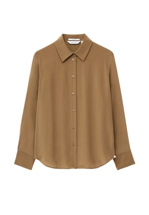 Brown long-sleeve shirt made of smooth fabric, featuring a classic collar, front button closure, and rounded hem with a button detail on the sleeve.