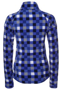 Langarm fleece top met een blauw, grijs en wit geruit patroon, hoge kraag en contrasterende stiksels. Prachtige, soepele textuur.