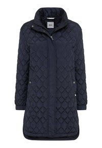 Marineblå, quiltet lang jakke med høj krave, der har lynlås fortil, to sidelommer og elastiske manchetter for ekstra komfort.