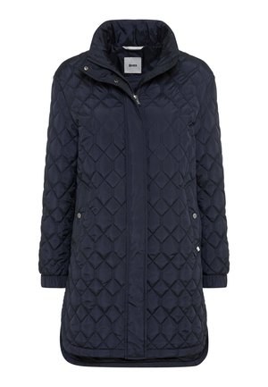 Marineblå, quiltet lang jakke med høj krave, der har lynlås fortil, to sidelommer og elastiske manchetter for ekstra komfort.