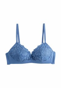 Soutien-gorge en dentelle bleue avec des bords festonnés, des bretelles réglables et une bande texturée. Présente un motif floral et des détails à pois sur les bonnets.