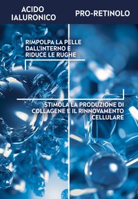 Primo piano blu di molecole idratanti. Presenta gocce e strutture cristalline, etichettate con i benefici dell'acido ialuronico e del pro-retinolo.