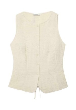 Veste sans manches couleur crème avec des boutons, col rond et tissu légèrement texturé, coupe ajustée.