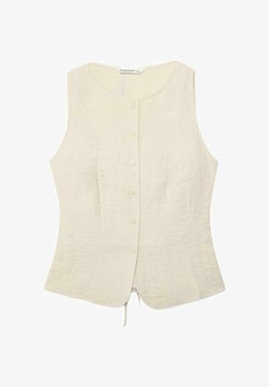 Veste sans manches couleur crème avec des boutons, col rond et tissu légèrement texturé, coupe ajustée.