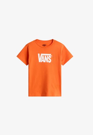 Orange bomulds T-shirt med korte ærmer, med et stort hvidt "VANS" logo trykt på fronten. Klassisk rundhalsdesign.