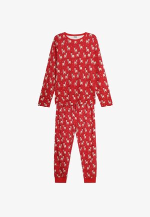 Red pajama set featuring long sleeves and elastic waist. Material is soft with a repeated pattern of light-colored dogs against a solid background.