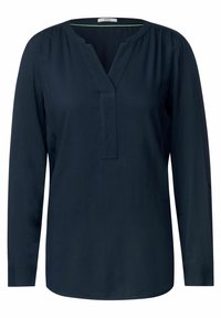 Blouse bleu marine à manches longues avec une fente en V au col et une coupe décontractée, conçue pour un usage décontracté ou professionnel.