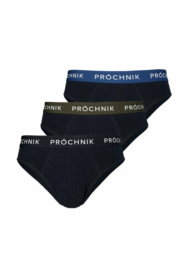 Trzy pary męskich majtek w kolorze granatowym i ciemnoszarym, z elastycznymi paskami w kolorze niebieskim, oliwkowym i czarnym z białym logo.