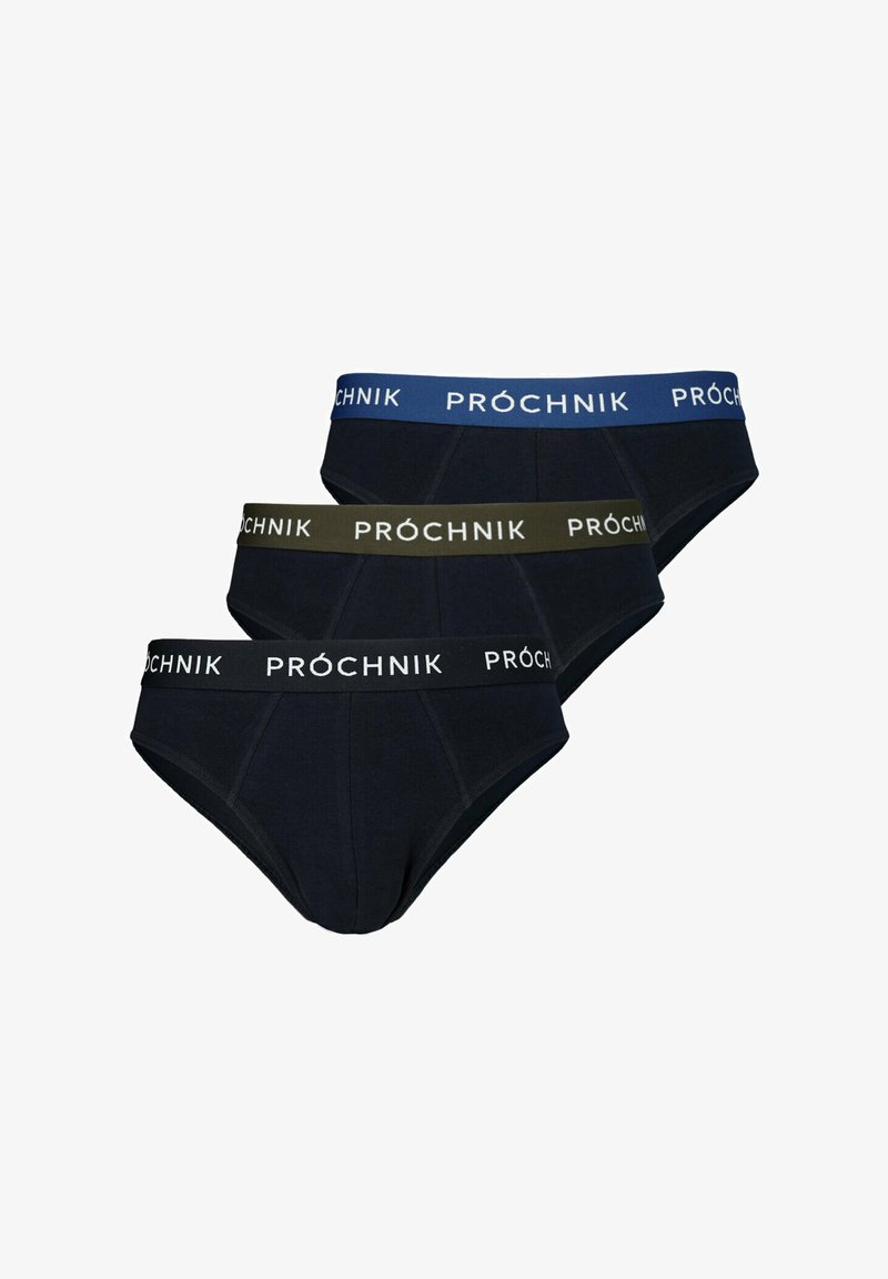 Trzy pary męskich majtek w kolorze granatowym i ciemnoszarym, z elastycznymi paskami w kolorze niebieskim, oliwkowym i czarnym z białym logo.