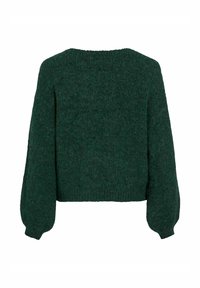 Maglione verde lavorato a maglia con una vestibilità corta, maniche ampie e scollatura rotonda. Il tessuto appare strutturato e morbido con un motivo sottile.