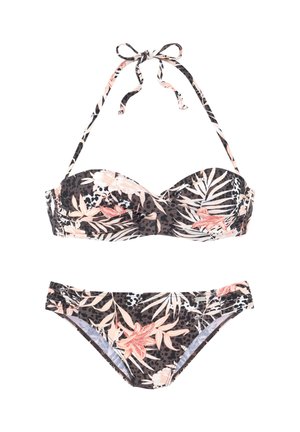 Black and floral bikini set featuring a padded strapless top with tie closure and matching low-rise bottoms, showcasing pink and white floral patterns.