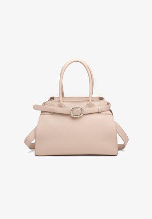 Beige leather handbag with two top handles, a detachable shoulder strap, and a front belt with silver buckle detail.