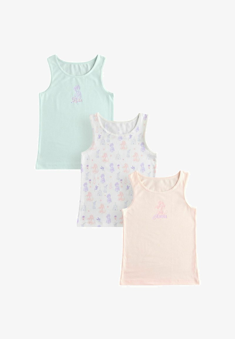 Trois hauts sans manches pour enfants de couleur pastel, un vert clair, un blanc avec des motifs de princesse et de château, et un rose clair avec un graphisme de princesse.