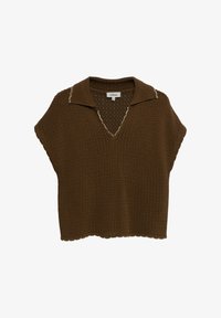 Top marrón de punto crochet con mangas cortas, escote en V y cuello, con detalles de ribete blanco a lo largo del escote y el cuello.