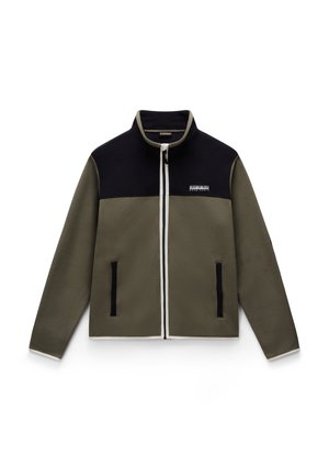 Fleece jacket with a high collar, featuring olive green and navy color blocks, white accents, and two side pockets. Zipper closure design.