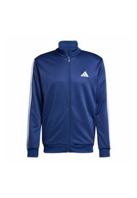 Marineblaue Sportjacke aus glattem Stoff, mit hohem Kragen, durchgehendem Reißverschluss und weißen Streifen an den Ärmeln.