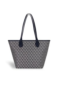 Torba na ramię z geometrycznym wzorem w odcieniach szarości i granatu. Wykonana z tkaniny, z długimi uchwytami i teksturowanymi akcentami u podstawy uchwytów.