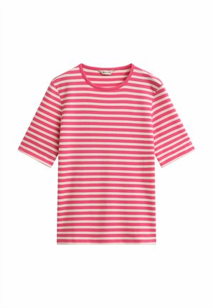 T-shirt à manches courtes rayé horizontalement rose et blanc avec un col rond et une petite étiquette logo sur la manche gauche.
