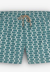 Shorts de bain turquoise avec un motif abstrait blanc, fermeture à cordon, et une finition en tissu lisse. Présente des fentes latérales pour le confort.