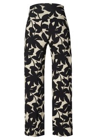 Kalhoty s černým květinovým vzorem na krémovém pozadí, s širokým pasem a volným rovnými nohavicemi. Měkká textilie.