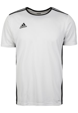 Biała sportowa koszulka Adidas z czarnym obszyciem kołnierza, czarnymi panelami po bokach oraz logo Adidas na górnej części prawej klatki piersiowej.