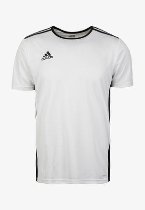Weißes Adidas-Sportshirt mit schwarzem Kragenbesatz, schwarzen Seitenpaneelen und Adidas-Logo auf der oberen rechten Brust.