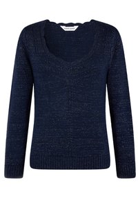 Mörkblå stickad tröja med långa ärmar, v-ringning och ribbad nederkant. Har ett strukturerat mönster med subtila metalltrådar genom hela plagget.