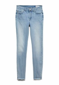 Šviesiai mėlynos spalvos liesi džinsai su nenukirptais kraštais, priekinėmis kišenėmis ir užtrauktuku. Audinys turi subtilų išblukimą ir lygų paviršių.