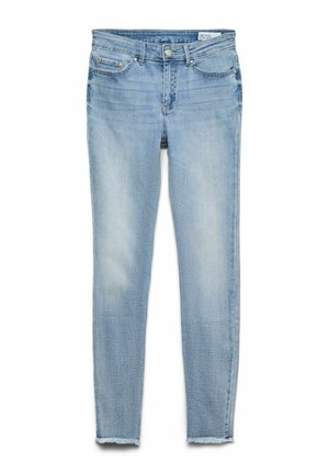 Lyseblå denim skinny jeans med frynset kant, forlommer og lynlås foran. Stoffet har en subtil falmet effekt og en glat tekstur.