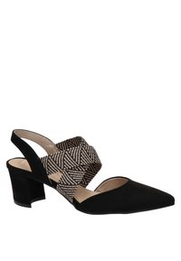 Chaussure à talon en daim noir avec un bout pointu et des brides tissées décoratives marron et beige. Dispose d'un talon bloc de hauteur moyenne pour la stabilité.